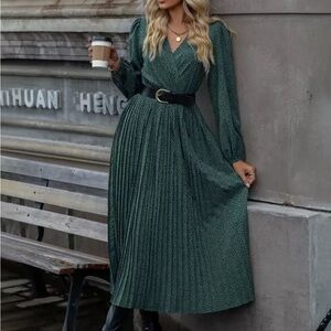 Green Pleated Boho Western Animal Print Maxi Dress